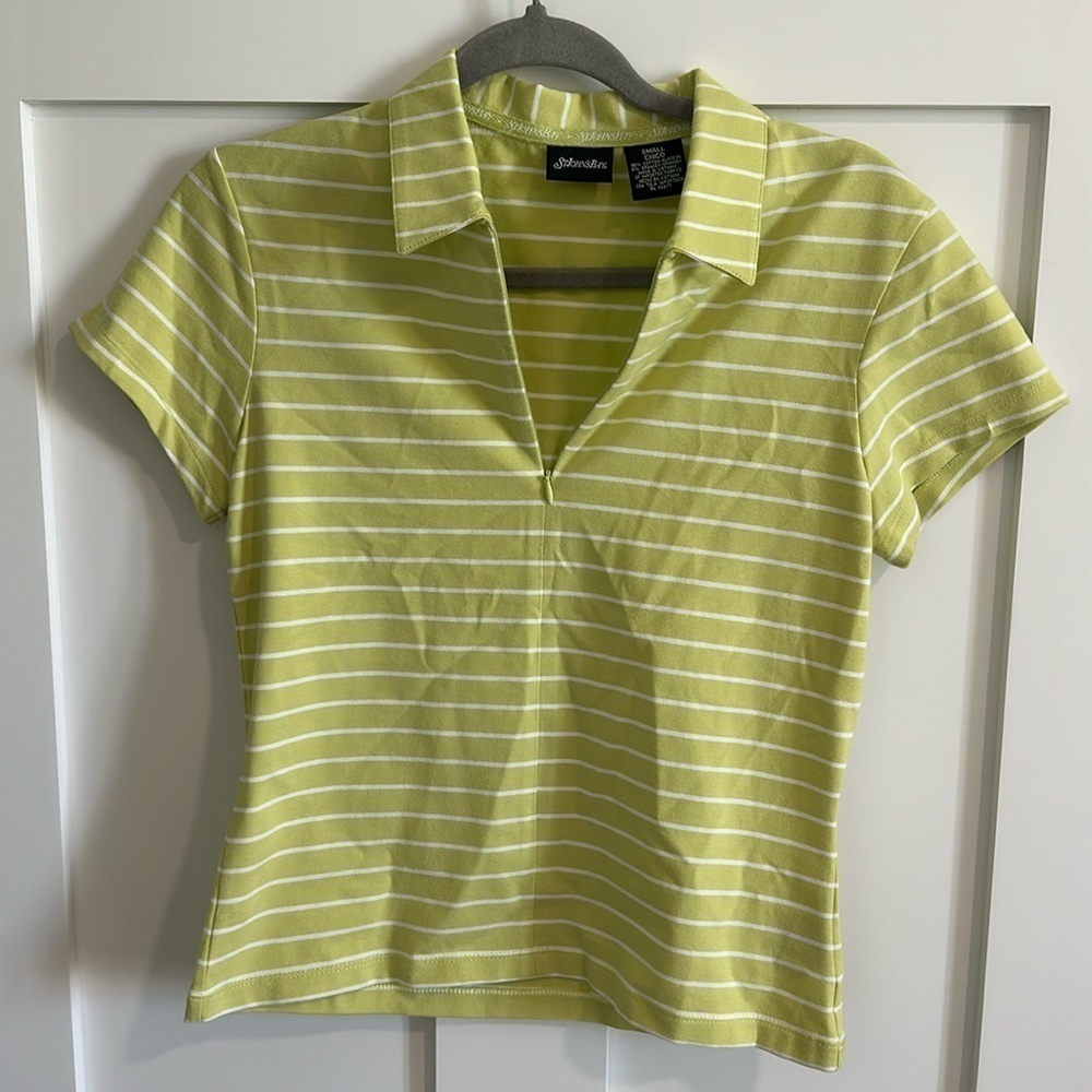 St. John's Bay Women's S Split Neck Polo Tee Citron Green White Stripe Preppy
